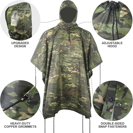 Camo Rain Poncho, Multi Use Waterproof Rain Coat