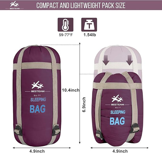 Warm Weather Sleeping Bag - Portable Waterproof Compact Lightweight, Packable for Kids, Teens Adults Camping Backpacking Hiking, Spring Summer Fall