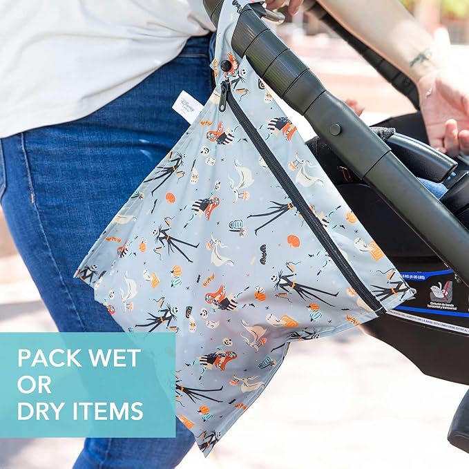 Bumkins Disney Waterproof Wet Bag for Baby, Travel, Swim Suit, Cloth Diapers, Pump Parts, Pool, Beach, Gym Clothes, Toiletry, Hook to Stroller, Daycare, Zip Reusable Wetdry, Nightmare Before Christmas
