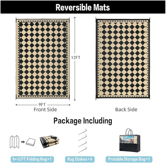 Outdoor Rug for Patios Clearance,Waterproof Mat,Large Outside Carpet,Reversible Plastic Straw Camping Rugs,Rv,Porch,Deck,Camper,Balcony,Backyard (9x12,Checkered/Black&Beige)