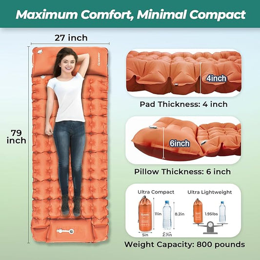 Sleeping Pad for Camping, Ultralight Inflatable Camping Mattress with Adjustable Pillow, Compact Sleeping Mat with Built-in Foot Pump, 4in Thick Air Mattress for Camping, Hiking-Orange