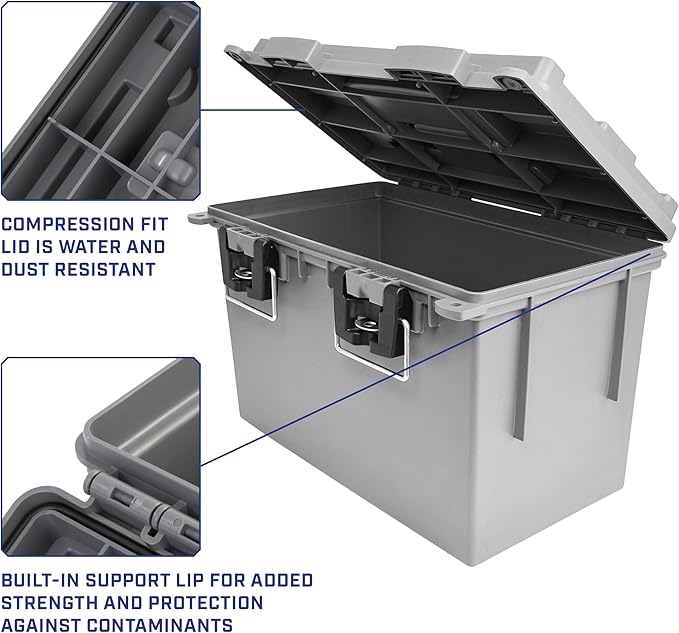 Sheffield 12766 4-Pack XL Ammo Storage Box, Stackable .50 Cal Field Boxes, Water and Dust Resistant, Lockable Storage Box with Handle, Heavy Duty Protection for Hunting Gear, Made in the USA, Gray