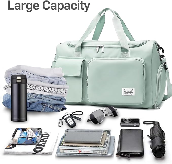 Travel Duffel Bag with Shoes Compartment Sports Gym Bag with Dry Wet Separated Pocket for Men and Women, Overnight Bag Weekender Bag Training Handbag Yoga Bag - Light Green