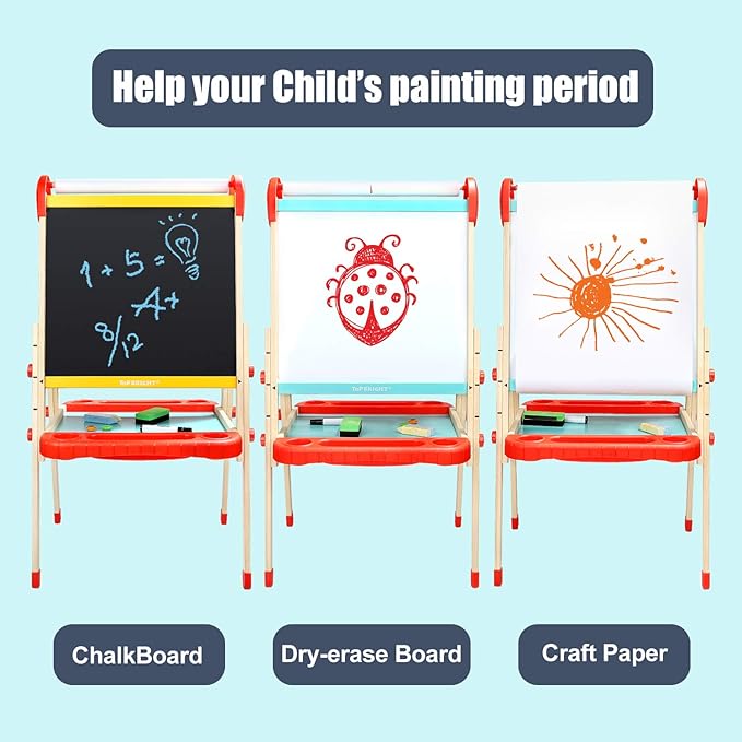 TOP BRIGHT Wooden Art Easel for Kids, Toddler Easel Adjustable with Painting Whiteboard, Child Easel with Magnetic Blackboard