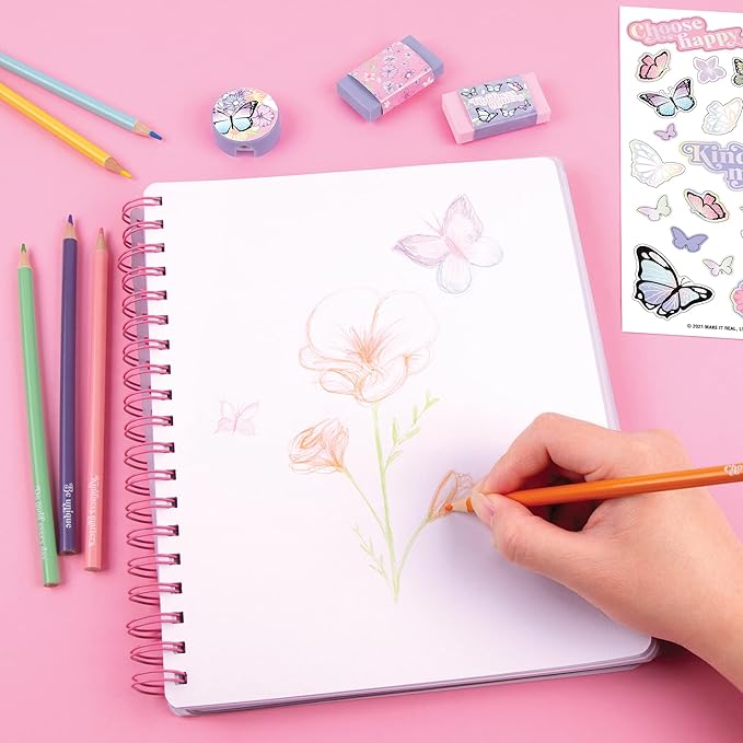 Three Cheers for Girls - Butterfly All-In-1 Sketchbook Set - Girls Diary, Journal, Sketch Book for Kids w/ Pencils, Stickers & More - Drawing Kit for Kids - Unlined Diary for Girls - Kids Sketch Pad