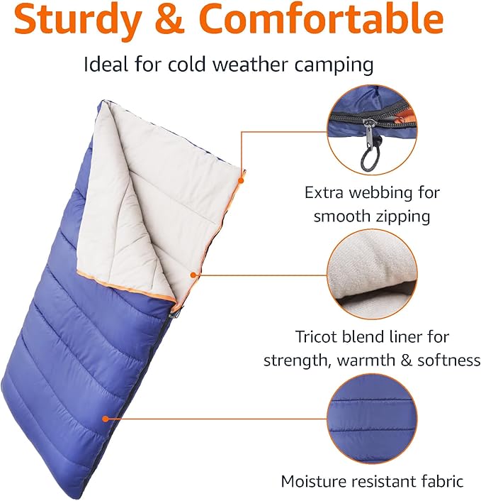 Amazon Basics Warm, Lightweight Cold Weather Sleeping Bag, Twin, Blue