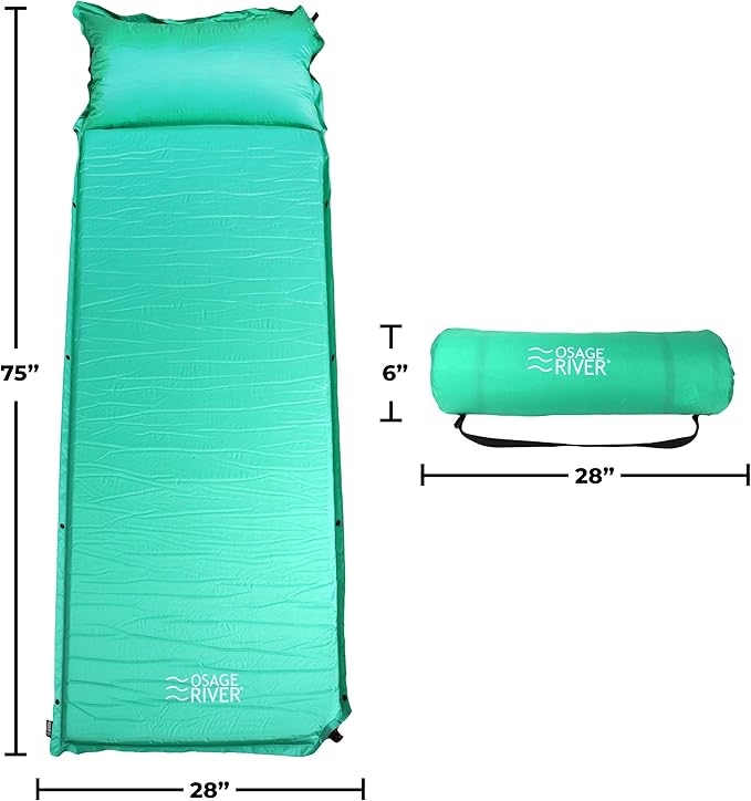 OSAGE RIVER Self Inflating Sleeping Pad with Built-in Pillow, Compact Memory Foam Sleep Mat, Camping Air Mattress for Tent, Travel, Backpacking, or Hiking