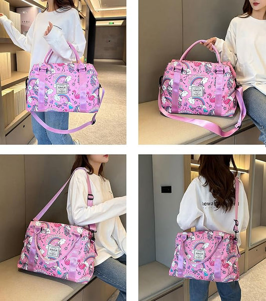 Travel Duffle Bag Weekender Overnight Bag Gym Tote with Dry and Wet Separated Pocket for Women Girls Shoulder Workout Duffel Bag Water Resistant (rainbow unicorn)
