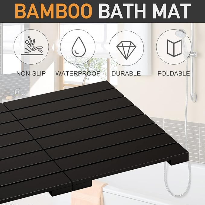 Waterproof Bamboo Bath Mat for Shower, Foldable | Non-Slip | Heavy Duty, Wooden Bath Mat, Floor Mat and Doormat for Indoor Outdoor (Black, 23.5 x 15.6IN)