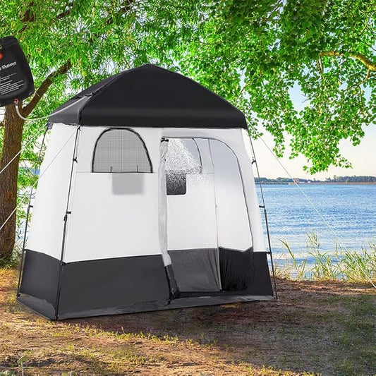 Outsunny Shower Tent, Pop Up Privacy Shelter for Camping, Dressing Changing Room, Portable Instant Outdoor Shower Tent Enclosure w/ 2 Rooms, Shower Bag, Floor and Carrying Bag
