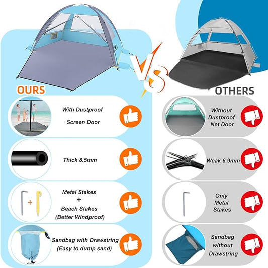 Happy Travel Beach Tent, UPF 50+ UV Protection Sun Shade Shelter for 3/4/5/6/7/8 Person, Portable Beach Canopy for Family & Baby, Lightweight & Easy Setup Beach Cabana with 3 Ventilation Mesh Windows