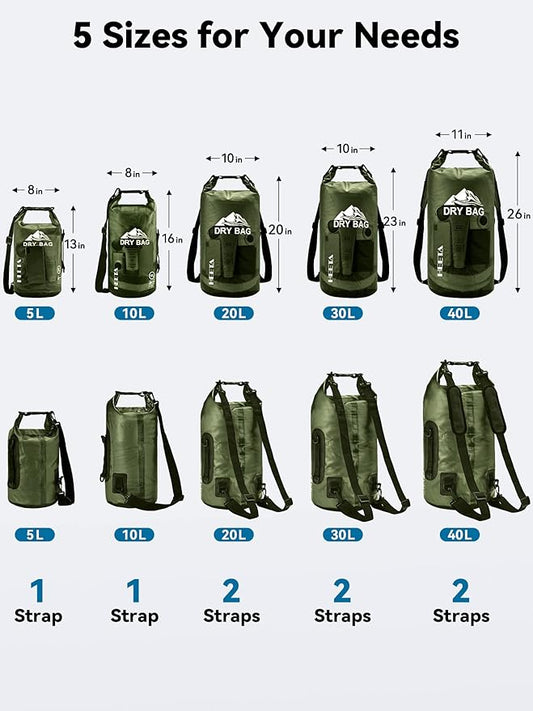 HEETA Dry Bag Waterproof for Women Men, 5L/10L/20L/30L/40L Roll Top Lightweight Dry Storage Bag Backpack with Phone Case for Travel, Swimming, Boating, Kayaking, Camping & Beach, 11 Transparent Colors