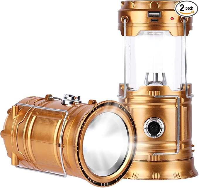 Solar Camping Lantern for Power Outages - USB Rechargeable Lamp Camping Essentials,Collapsible Waterproof Solar Lights for Indoor Outdoor Emergency Light/2 Packs/Gold