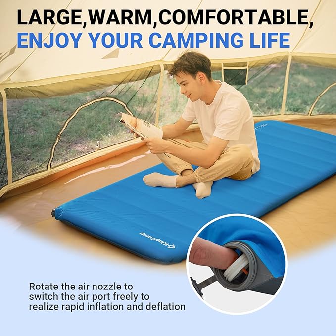 KingCamp Self Inflating Air Mattress, R 6.5 Foam Sleeping Pad for Single Adult 3" Thick Camping Mat Camping Essentials with Perforated Foam Core for Outdoor Tent Cot Car Backpacking (Blue/Charcoal)