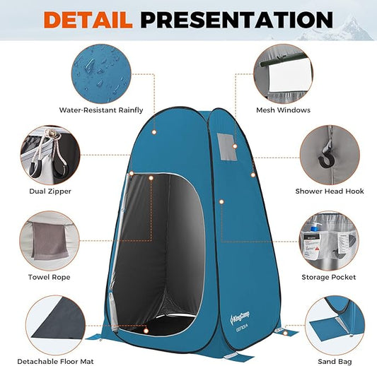 KingCamp Camping Shower Tent, Portable Outdoor Privacy Toilet & Changing Tent Windproof & Waterproof Easy Setup 1 or 2 Room Shelter with Shower Bag for Camping Hiking Beach