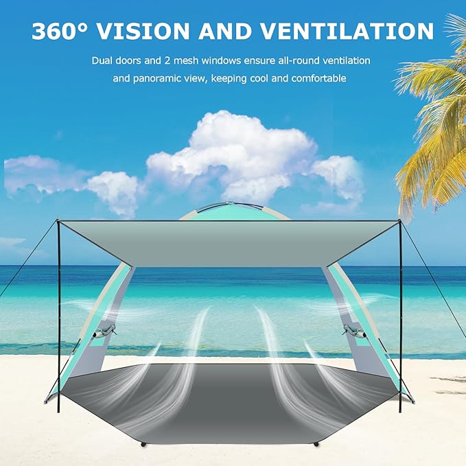 Gorich Beach Tent with Canopy - Easy Setup 3-8 Person Portable Sun Shelter, UPF 50+ UV Protection Sun Shade, Lightweight & Compact Beach Cabana for Family Travel