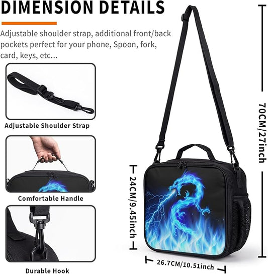 Blue Lightning Pattern Lunch Bag Blue Fire Dragon Lunch Boxes for Women/Man Office Work Travel, School, Work, Picnic, Durable Reusable Insulated Large Lunch Tote Bag with Adjustable Shoulder Strap
