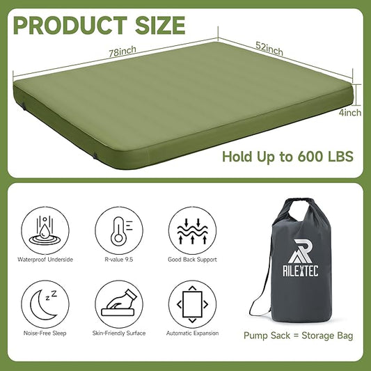 4" Thick Self-Inflating Camping Pad, Camping Sleeping Pads with Solid Foam, Sleeping Pad with Pump Sack, Compact Double Camping Sleep Bed for Tent, Car, Truck or Van (Double)