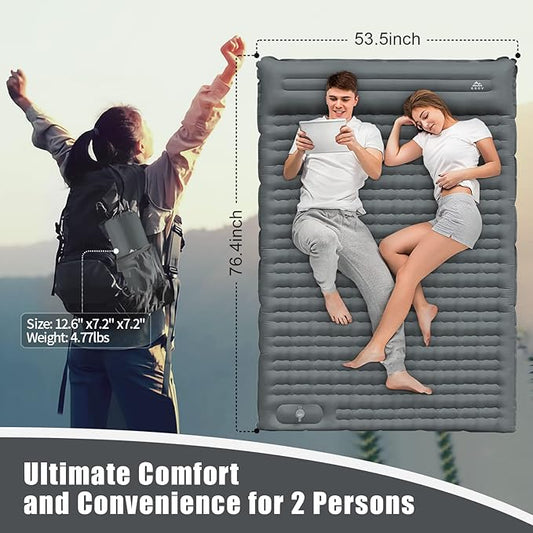 Double Sleeping Pad for Camping with Built-in Foot Pump, Extra Thick 4.7 Inch Inflatable Sleeping Pat and Pillow for Backpacking, Hiking, and Traveling