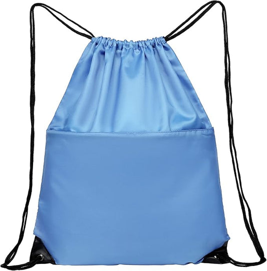 BuyAgain Drawstring Backpack Sports Water Resistant String Bag Sport Gym Sackpack for Women Men Large with Zipper, Baby Blue