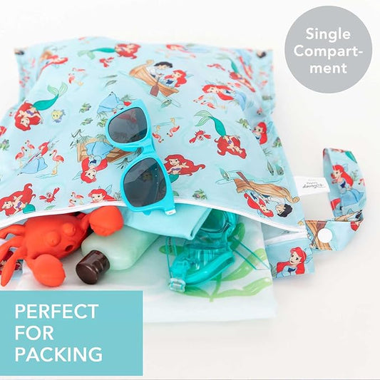Bumkins Disney Ariel Waterproof Wet Bag for Baby, Travel, Swim Suit, Cloth Diapers, Pump Parts, Pool, Beach, Gym Clothes, Toiletry, Hook to Stroller, Daycare, Zipper Reusable Wetdry Packing Pouch
