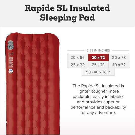 Big Agnes Rapide SL - Insulated Sleeping Pad, Ultralight, All Season Compact Backpacking and Hiking, Pumphouse Sack Included, Orange, 20x72 Regular