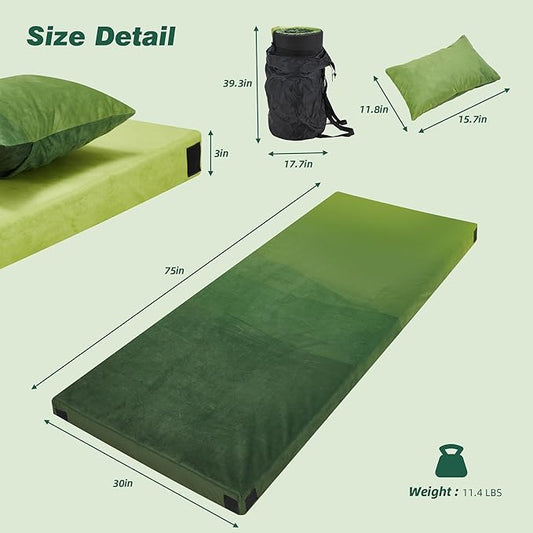 Memory Foam Camping Pad, Camping Sleeping Pad, Camping Mattress Pad with Pillow & Travel Bag, Portable Floor Mat Roll Up for Guest Adults Side Sleepers Indoor Outdoor Travel