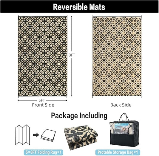 Outdoor Rug for Patios Clearance,Waterproof Mat,Large Outside Carpet,Reversible Plastic Straw Camping Rugs,Rv,Porch,Deck,Camper,Balcony,Backyard (5x8,Clover A/Black&Beige)