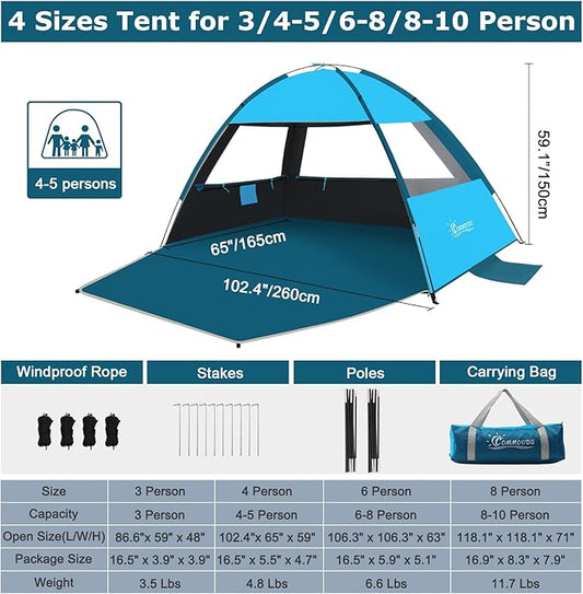 COMMOUDS Beach Tent Sun Shade for 3/4-5/6-7/8-10 Person, UPF 50+ Beach Sun Shelter Canopy Tent, Lightweight, Easy Set Up and Carry