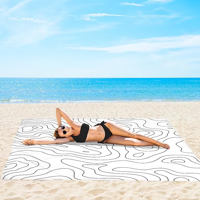 110''×118'' Oversized Beach Blanket for 4-8 Adults, White Waterproof Sandproof Picnic Blanket, Lightweight Foldable Sand Free Outdoor Mat w/ 4 Stakes & Portable Carry Bag for Travel, Camping, Hiking