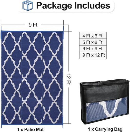 OutdoorLines Outdoor Plastic Area Rugs for Patio 9x12 ft - Reversible Outside Carpet, Stain & UV Resistant RV Mats, Straw Rug for Camping, Deck Garden, Porch and Balcony, Moroccan Navy & Light Grey