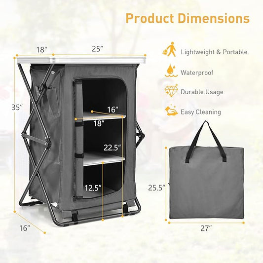 Goplus Folding Camping Storage Cabinet, Pop Up Outdoor Camping Kitchen Station with Large 3-Tier Storage Organizer, Carry Bag, Easy Set Up Portable Compact Camping Table for BBQ Picnic Backyard (35'')