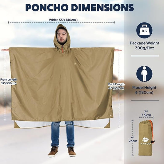 ANYOO Hooded Rain Poncho for Adults Waterproof Lightweight Rain Coat for Men Women Reusable Rain Jacket for Emergency Outdoor