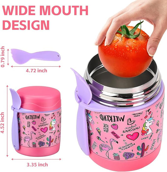 10oz Soup Thermo for Hot Food Kids Insulated Food Jar,Thermo Hot Food Lunch Container, Width Mouth Stainless Steel Lunch Box for Kids with Spoon (Pink-flamingo)