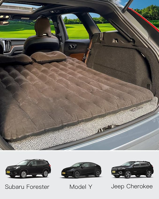 SUV Air Mattress, Inflatable SUV Mattress Bottle and Phone Holder Thickened Flocking & PVC Surface Car Air Mattress with Electric Air Pump Travel Mattress for Car Camping Road Trip (Black)