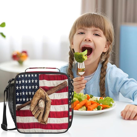 Baseball Usa Flag Insulated Lunch Bag for Girls Boys Teen Reusable Lunch Box with Shoulder Strap Freezable Thermal Cooler Bag Meal Prep Boxs for School Travel Picnic Beach Lunch Pail