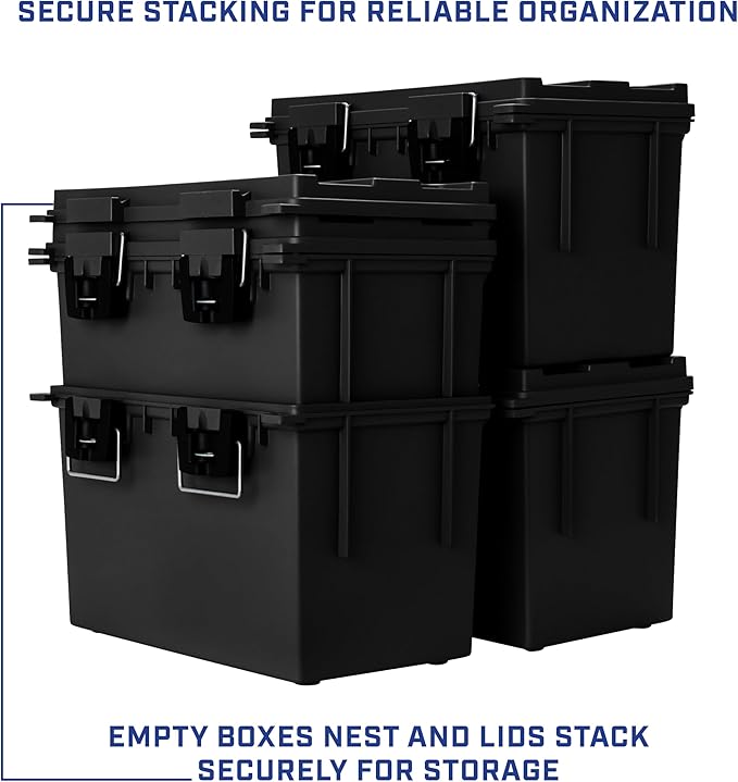 Sheffield 12773 2-Pack XL Ammo Storage Box, Stackable .50 Cal Field Boxes, Water and Dust Resistant, Lockable Storage Box with Handle, Heavy Duty Protection for Hunting Gear, Made in the USA, Black