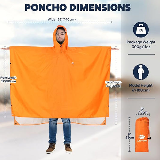 ANYOO Hooded Rain Poncho for Adults Waterproof Lightweight Rain Coat for Men Women Reusable Rain Jacket for Emergency Outdoor