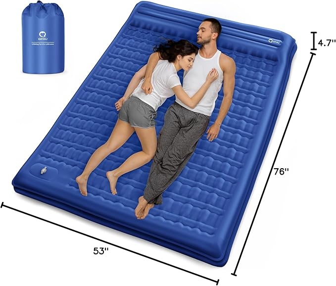 QPAU Sleeping Pad, 2 Person Camping Mattress, Enhanced Support for Healthy, with Built-in Foot Pump, 4.7 Inch Durable Sleeping Mat for Camping, Hiking, Backpacking and Home, (Blue)