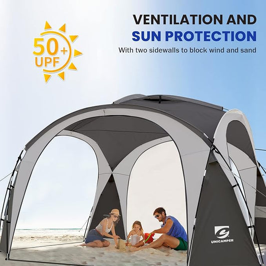 Beach Tent 12 X 12ft Large UPF50+ Pop Up Canopy with 2-Pcs Side Wall, Sun Shelter Rainproof, Waterproof for Camping Trips, Backyard Fun, Fishing, Parties, Or Picnics(Gary)