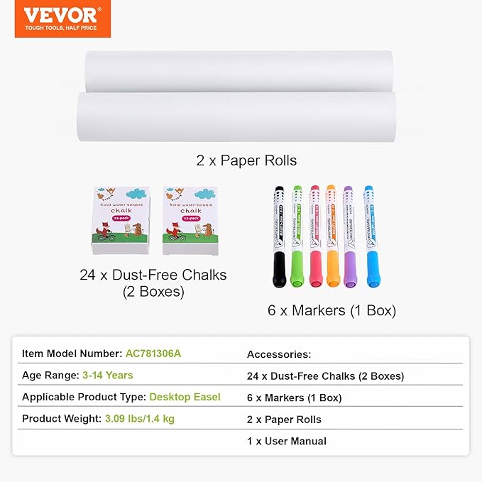 VEVOR Easel Accessory Set, 32 PCS Kid's Art Easel Painting Kit Including Chalks, Dry-Erase Markers & Paper Rolls, Supplies Set for Tabletop Art Easel, Painting Accessories for Toddlers Boys and Girls