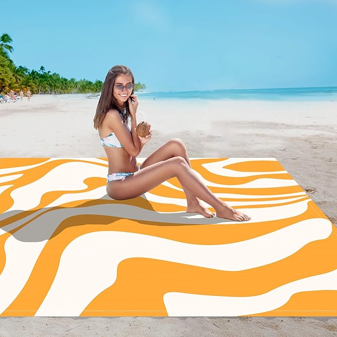 Yellow Beach Blanket, Sand Free Waterproof Outdoor Beach Mat with 4 Stakes & Pockets, 78''×86'' Large Sandproof Foldable Picnic Blanket with Portable Bag for Camping, Travel, Hiking