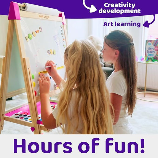 Blue Squid Art Easel for Kids - Dual-Sided Adjustable Wooden Painting Easels, Ideal Christmas Gift for Toddlers and Kid - with Magnetic Chalk Board, White Board & Paper Roll, Includes 100+ Accessories