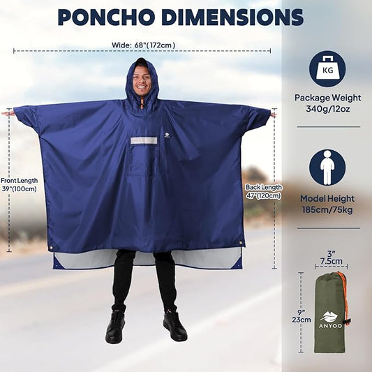 ANYOO Hooded Rain Poncho for Adults Waterproof Lightweight Rain Coat for Men Women Reusable Rain Jacket for Emergency Outdoor