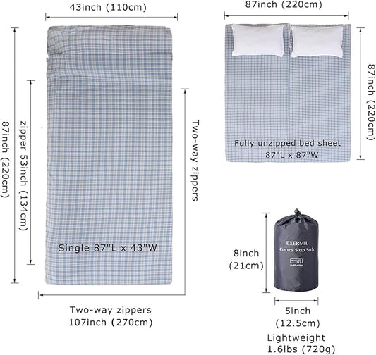 100% Cotton Sleeping Bag Liner with Full Length Zipper on 3 Sides; Single/Double Adult Sleep Sack for Travel & Camping, Multifunctional Travel Sheets (Unzipped 87”x87”) for Hotel, Lightweight