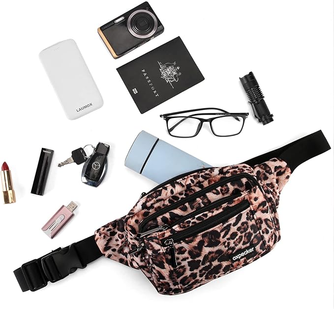 Oxpecker Waist Pack Bag with Rain Cover, Waterproof Fanny Pack for Men&Women, Workout Traveling Casual Running Hiking Cycling, Hip Bum Bag with Adjustable Strap for Outdoors (Leopard print)