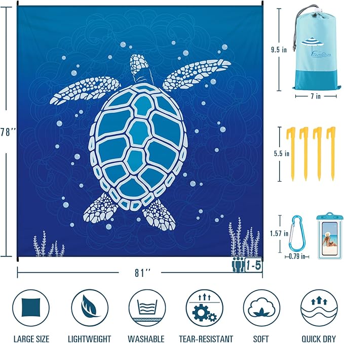 Beach Blanket 78''ร81'' 1-5 Adults Oversized,Compact Lightweight Durable Beach Mat for Travel Camping Hiking Picnic Blanket