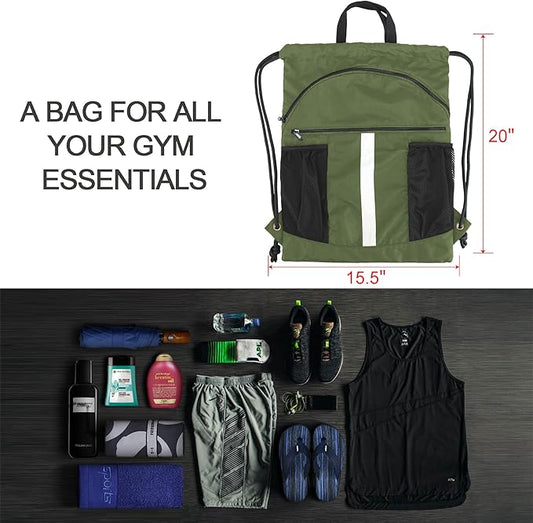 BeeGreen Drawstring Backpack Bag with Shoe Compartment, X-Large Black Gym Sports String Cinch Backpack