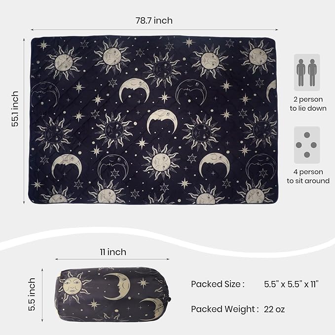 Waterproof Outdoor Blanket, 78.7x55inch, Printed Large Picnic Blankets, Foldable Picnic Mat, Camping Blanket for Picnic, Grass, Park, Lawn, Beach - Sun and Moon