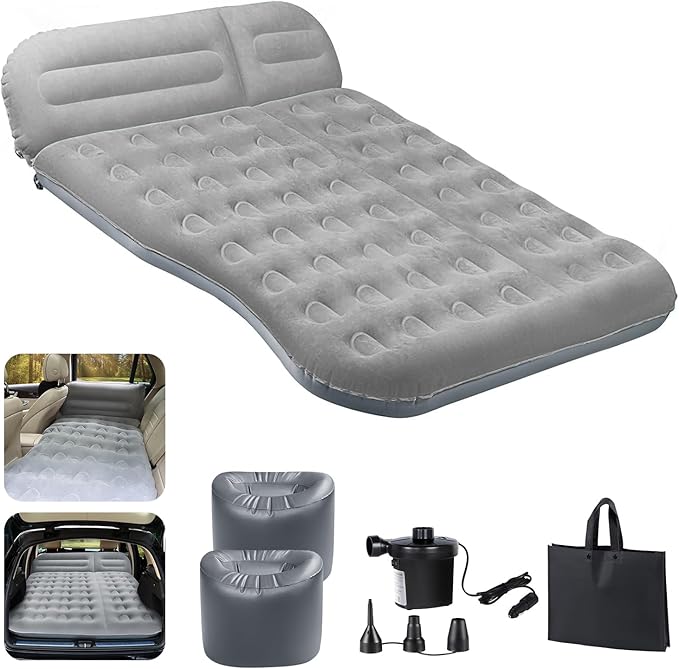 SUV Air Mattress, Thickened Flocked Camping Bed for Car Trunk & Back Seat , Includes Electric Pump & 2 Foot Pedals , Portable Inflatable car Mattress (Gray)
